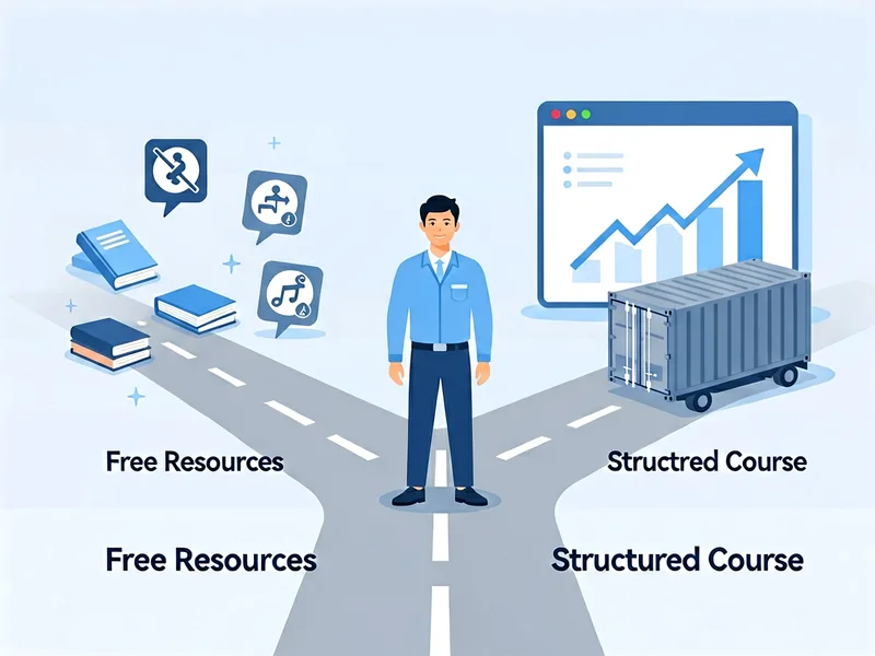 Illustration comparing free resources versus structured Amazon FBA courses for cross-border e-commerce beginners