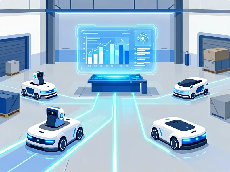 Warehouse robots coordinated by a central control platform visualized as a modern tech illustration